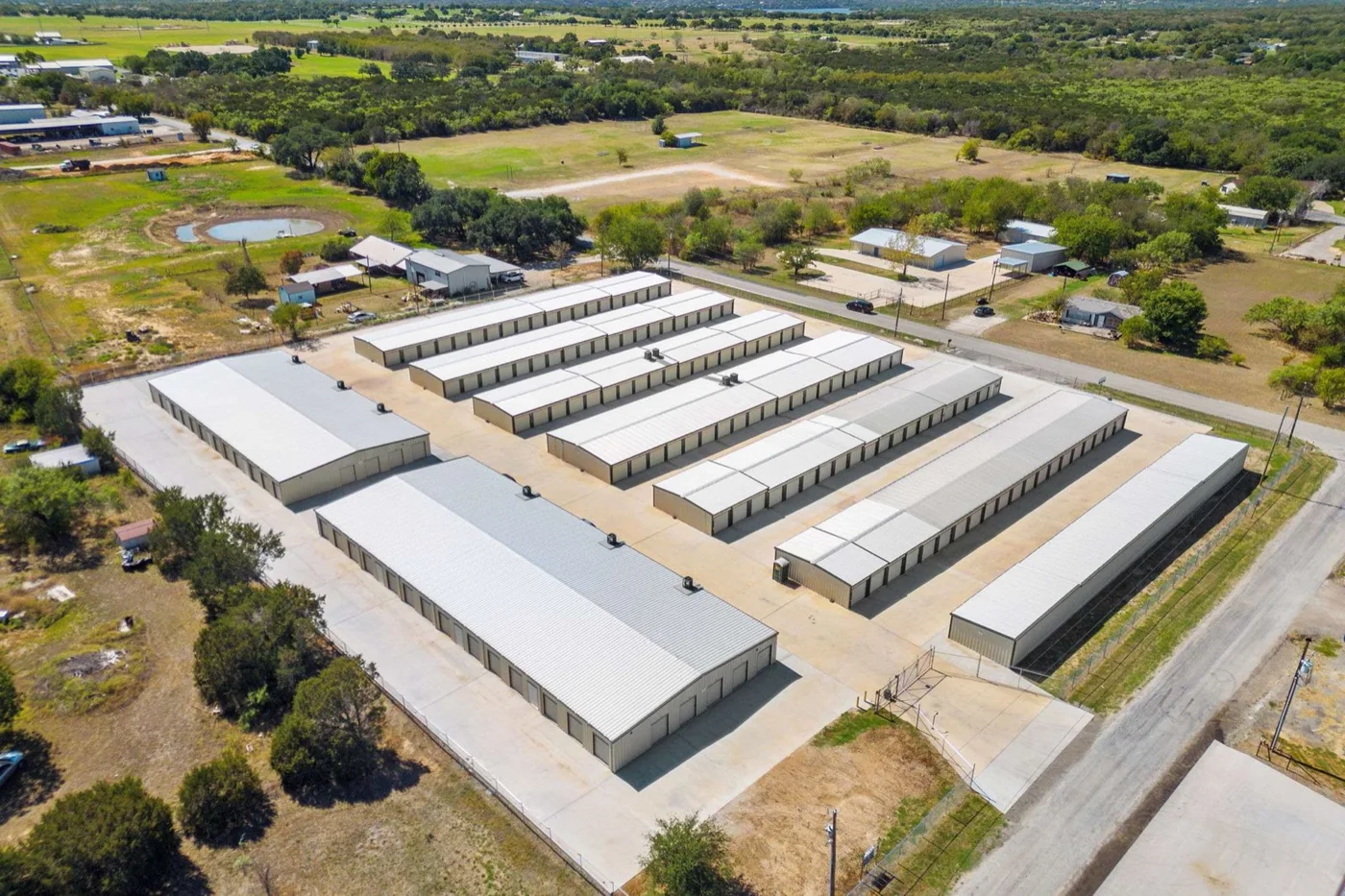 Aerial view of the gated McCreary Rd storage facility, Granbury TX