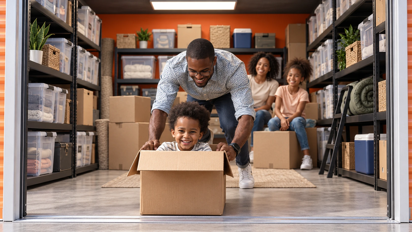 Family playing with a moving box after their move
