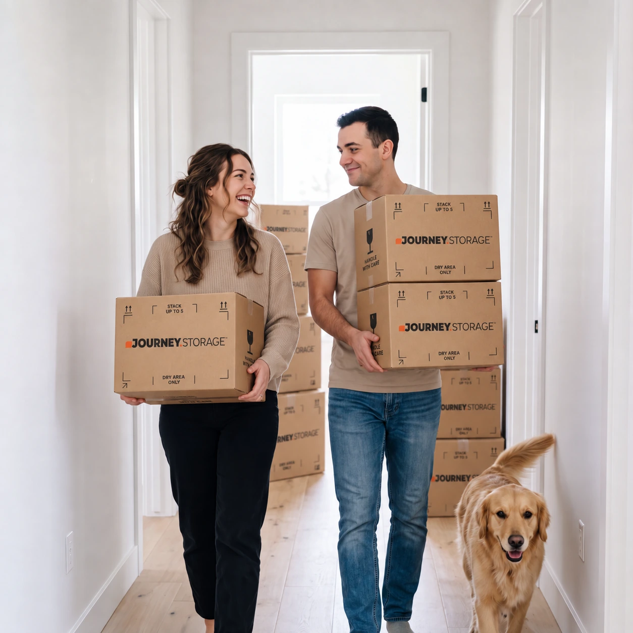 Couple carrying moving boxes to their Journey.Storage unit