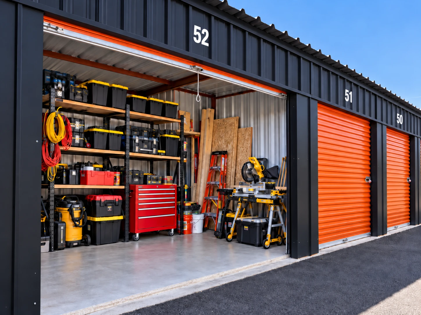 Contractor tools, toolboxes and a miter saw organized on shelves in a storage unit