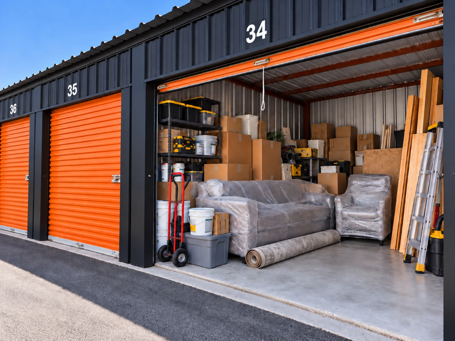 Furniture wrapped in plastic, boxes and lumber stored during a move or remodel