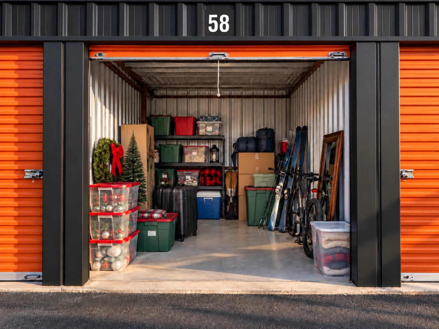 Holiday decor bins, luggage, skis and a bike stored in a personal storage unit