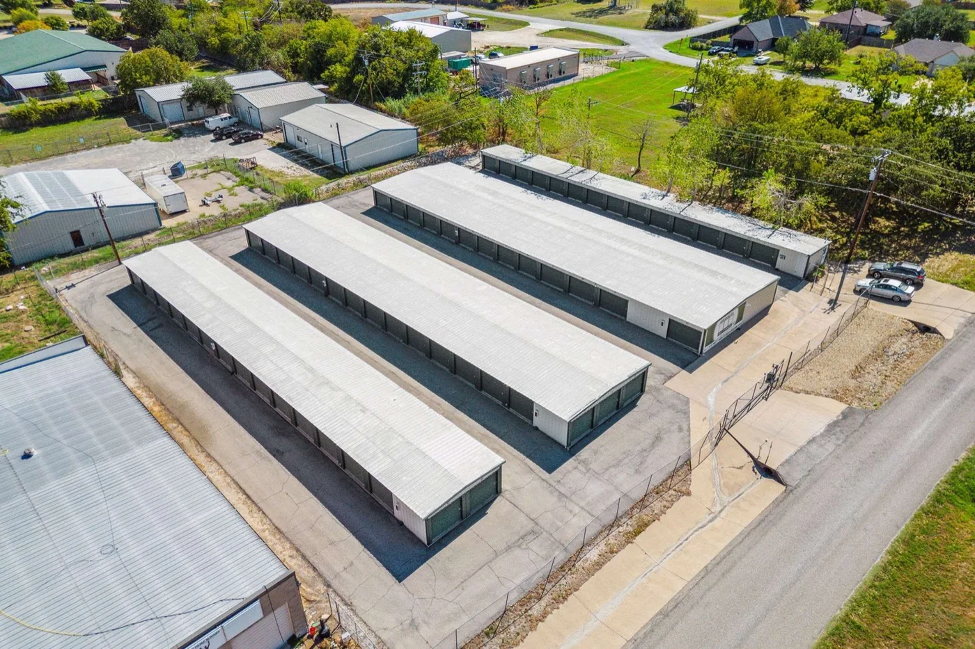 Aerial view of the gated Western Hills Trail storage facility, Granbury TX