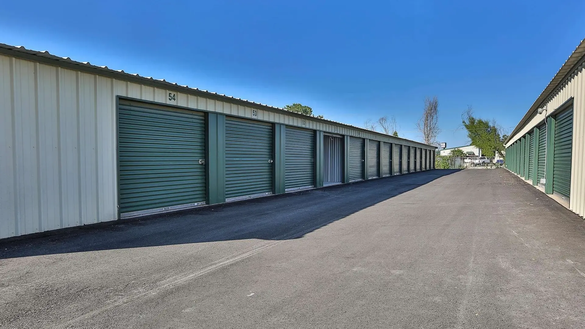 Rows of drive-up storage units with roll-up doors at Western Hills Trail