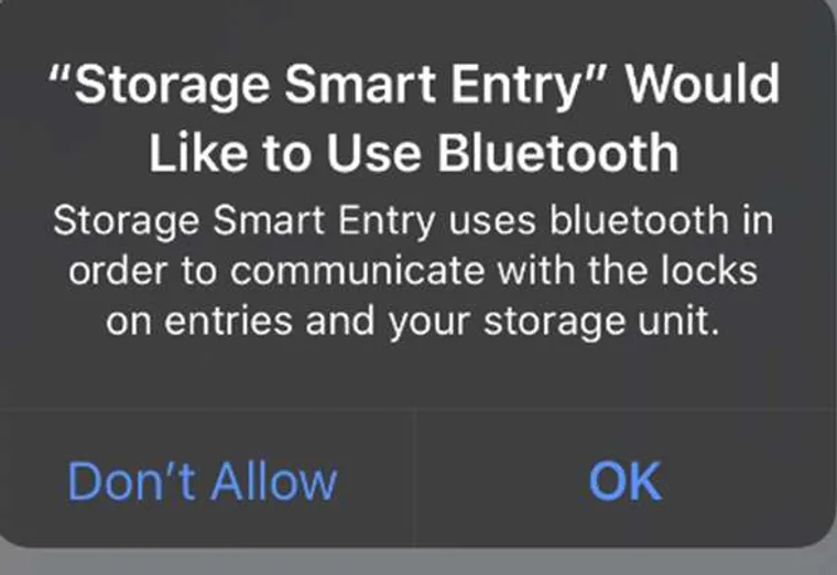 iOS prompt: Storage Smart Entry would like to use Bluetooth. Tap OK.