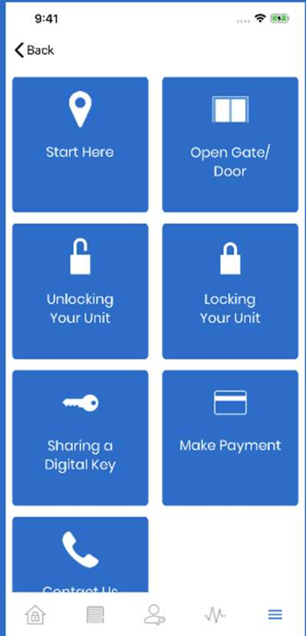 The Help and Support screen: tiles for Start Here, Open Gate/Door, Unlocking Your Unit, Locking Your Unit, Sharing a Digital Key, Make Payment and Contact Us