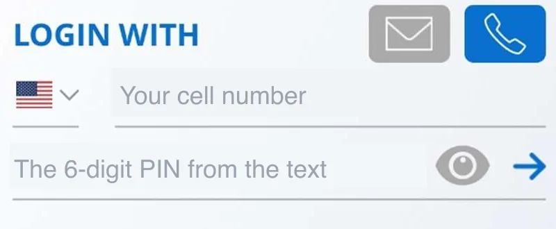 Login screen: your cell number, then the 6-digit PIN
